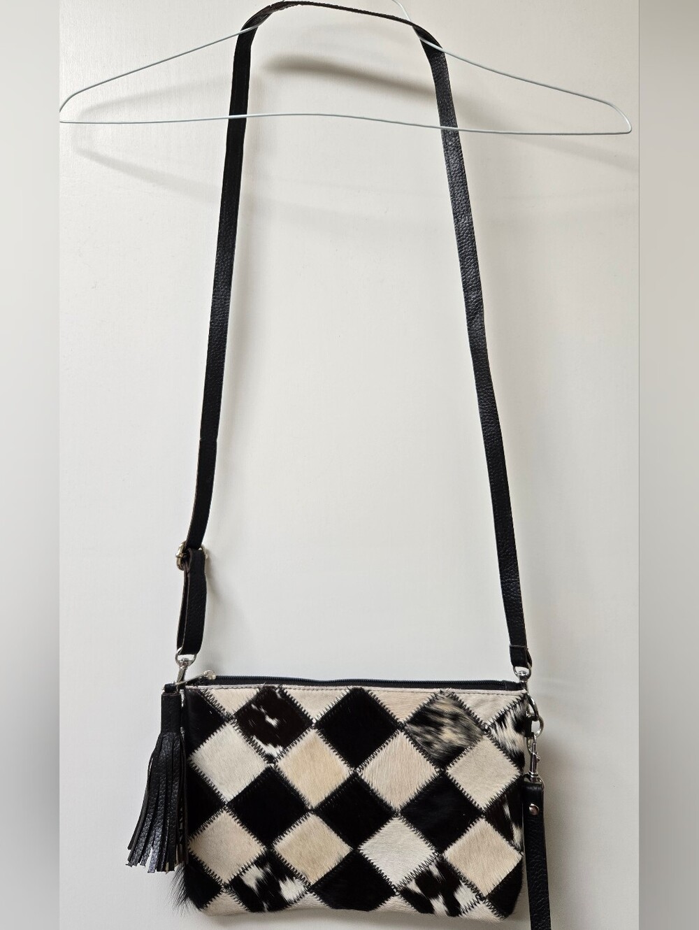 Cowhide Patchwork Leather Crossbody Clutch Purse Black & White Hair-On Hide